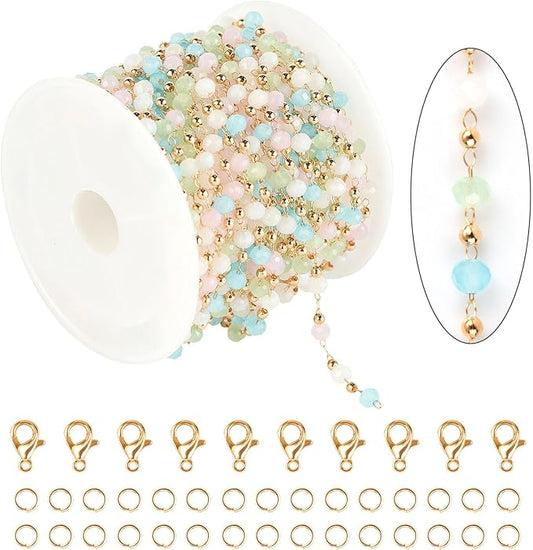 KYUNHOO 5M KC Gold Plated Brass Chains for Jewelry Making Colorful Satellite Bead Chain Bulk with Lobster Claps and Jump Rings Unfinished Jewelry Supply Findings