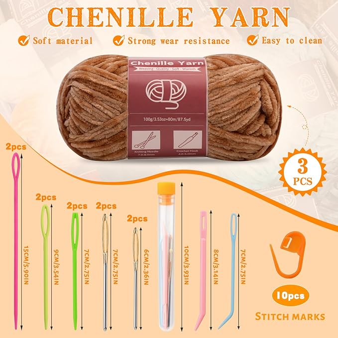 LUNARM Chenille Yarn for Crocheting Knitting, 3 Skein 263 Yard Thick Soft Chunky Fluffy Weaving Plush Yarn for Blankets Clothes Pattern Creations with Big Eye Needles(Light Khaki)