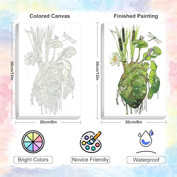 Yezavesu Framed Paint by Numbers Kit for Adults Beginner & Kids Ages 8-12, Heart Paint by Numbers with Frame, DIY Number Painting for Adults Abstract Green Plant for Home Wall Decor Gift 8X 12 inch