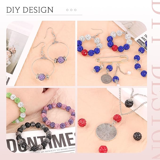 150 pcs 10mm Rhinestone Beads for Jewelry Making, 15 Mixed Colors Shiny Round Shamballa Disco Beads, Sparkle Crystal Clay Christmas for Bracelet Baseball Necklace Earring Crafting and DIY