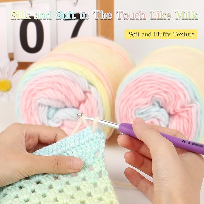 Katech Ombré Yarn for Crocheting-Gradient Cake Yarn-4x100g 60% Cotton 30% Acrylic 11% Wool-Multicolor Soft Rainbow Cotton Crochet Yarn for Scarves, Shawls, Blankets and Garments(P)