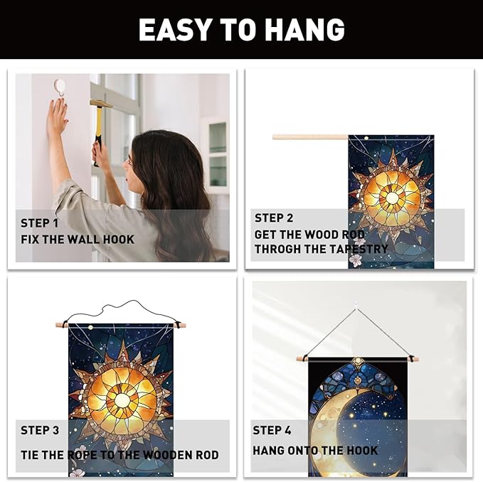 PLIGREAT 2 Pack Sun Moon Tapestry with Tassels, 52" x 13" Stained Glass Aesthetic Wall Hanging Vertical Flower Home Art Tapestry for Bedroom Living Room Bathroom Long Narrow Wall Hanging Art Decor