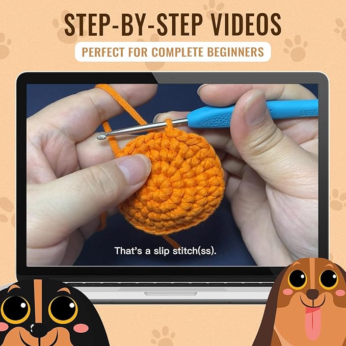 Nikolle Crochet Kit for Beginners with Step-by-Step Video Tutorials Crochet Animal Kit Crochet Starter Kits for Adults Kids - Dachshund(Brown)