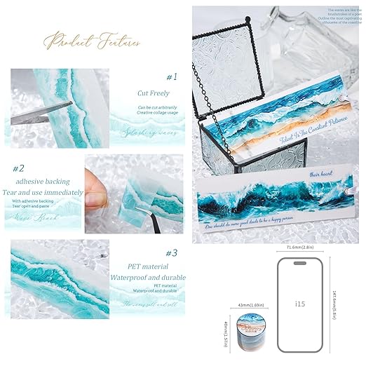 Kesari 6 Rolls PET Washi Tape Stickers for Journaling Supplies, Sea Wave Themed Scrapbook Stickers for Journaling,Scrapbooking,Junk Journal Supplies,DIY Crafts,Planner (Wave)