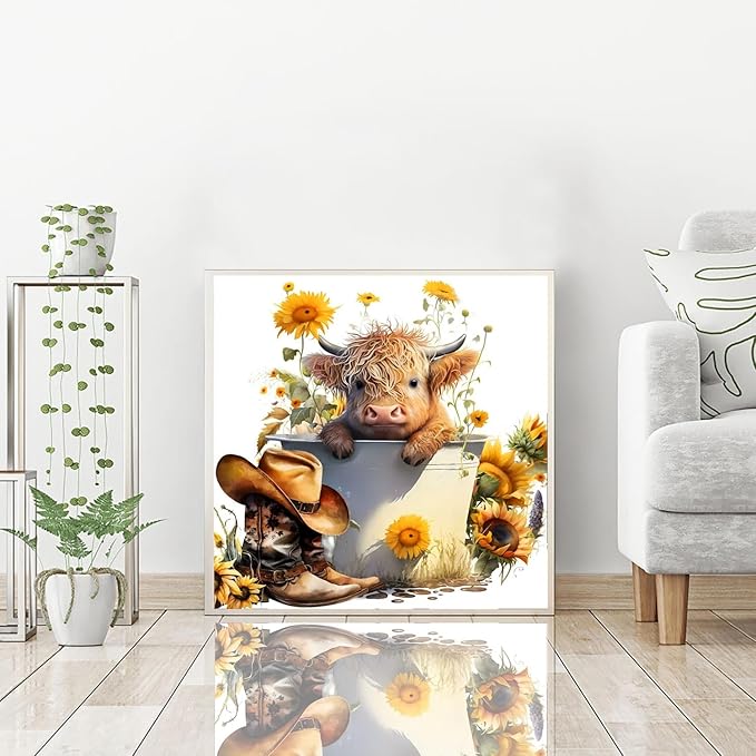 igoodom Cow Diamond Art Kits for Adults, Highland Cow Diamond Art Kits, Full Drill Round Sunflower Diamond Painting Kits, DIY Gem Art and Crafts for Home Wall Decor Gift 14x14inch