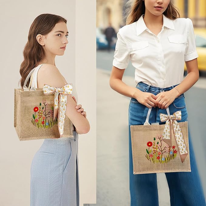 SNAIL GARDEN Linen Tote Bag DIY Embroidery Kit for Beginners with Scarf, Printed Cross Stitch Craft Kit with Thread, Needle & Guide – Reusable Grocery Bag for Women