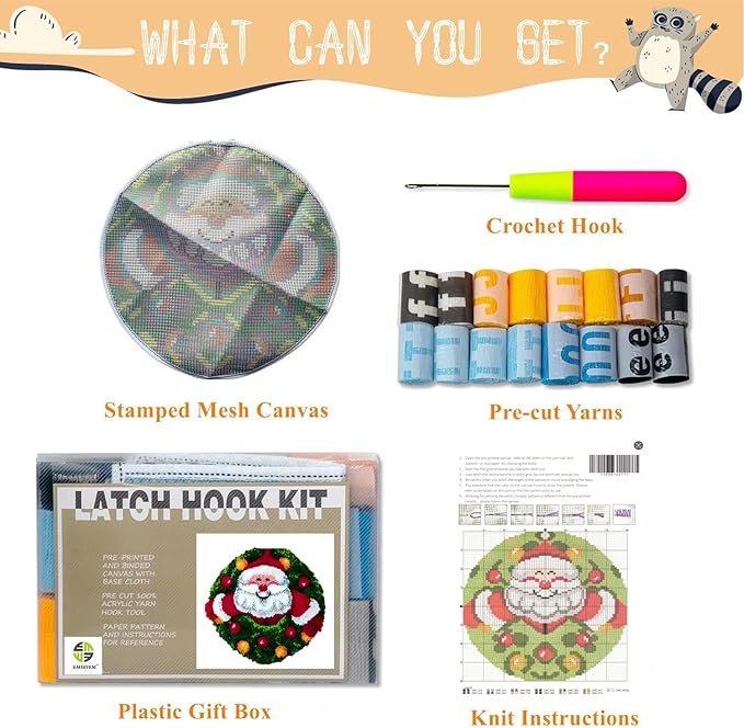 Latch Hook Kits for Adults - DIY Latch Hook Rug Kits, Crochet Kit for Beginners, Rug Making Kits with Printed Canvas, Gift Packaging. (Father Christmas, 20x20 inch)