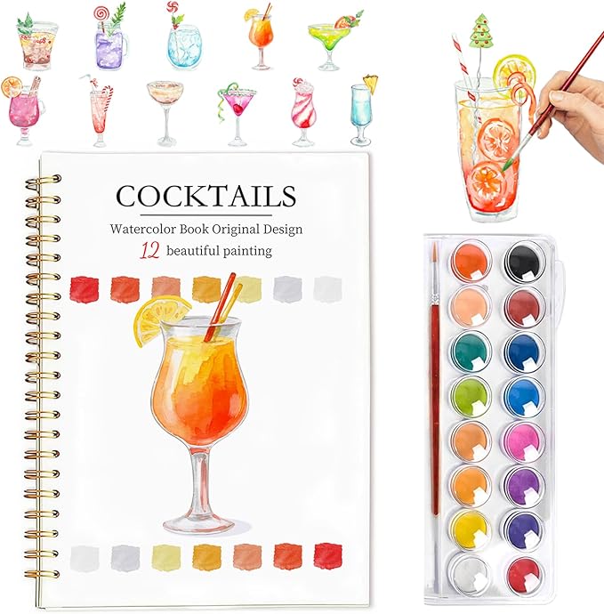 Easy Watercolor Workbook for Beginners - 12 Beautiful Step-by-Step Paintings Water Coloring Book, Includes 16 Colors Paints, Relaxing Art Projects and Creative Gift for Adults & Teen (Cocktails)