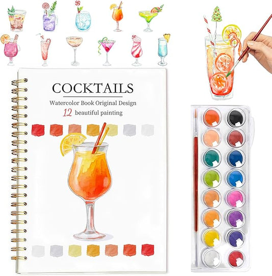 Easy Watercolor Workbook for Beginners - 12 Beautiful Step-by-Step Paintings Water Coloring Book, Includes 16 Colors Paints, Relaxing Art Projects and Creative Gift for Adults & Teen (Cocktails)