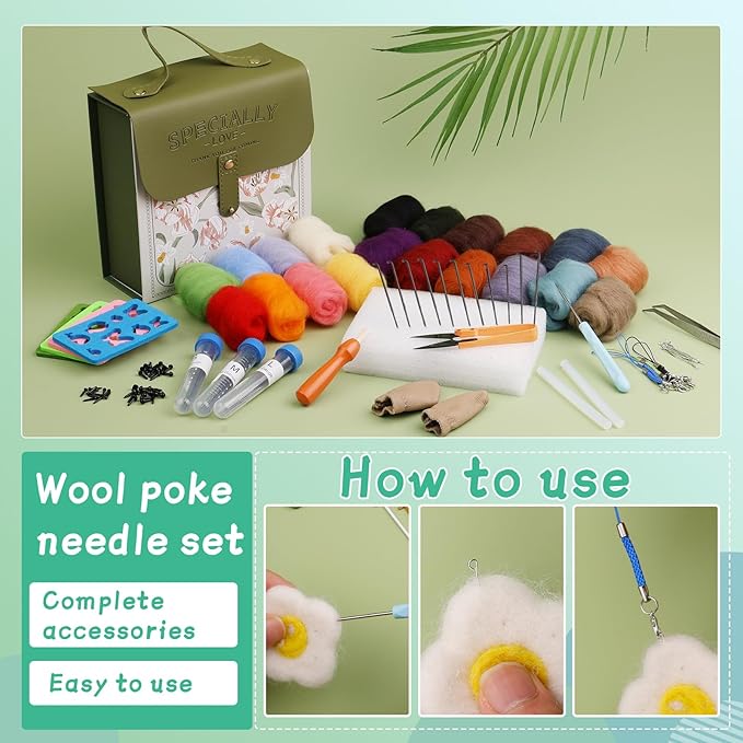 Mayboos Needle Felting Kit, Wool Roving 20 Colors Set, Wool Felting Kit Felt Molds with Portable Storage Box for DIY Craft Home Decoration (Green Bag)