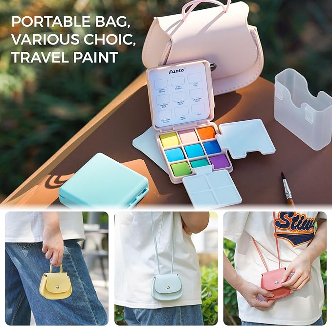 Funto Mini Watercolor Set Travel Kit with 9 Colors, Leather Bag & Watercolor Paper, Portable Drawing & Painting Supplies for Beginners, Art Gift Set