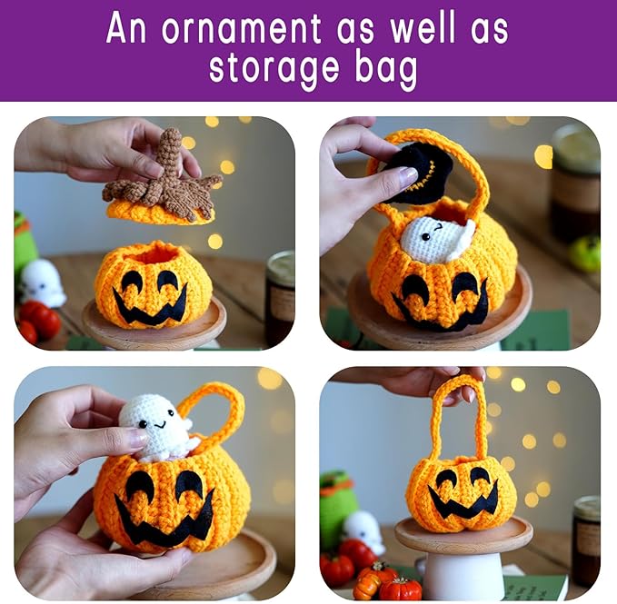 Beginners Easy to Start Crochet Kits for Beginners Halloween Pumpkin Animals Candy Bag Case Crochet Set DIY Gift for Starters Adult Kids Instruction and Video Tutorials