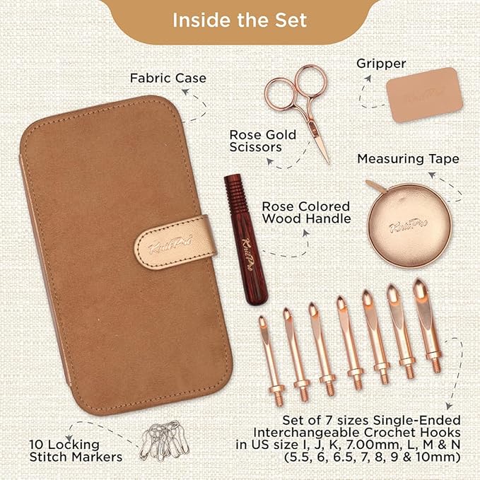 KnitPro Oasis Chunky Crochet Set - 1 Wooden Handle, 7 Hooks in Sizes 5.5mm to 10mm, 1 Rose Gold Scissors, 1 Tape Measure, 10 Metal Locking Stitch Markers, 1 Gripper