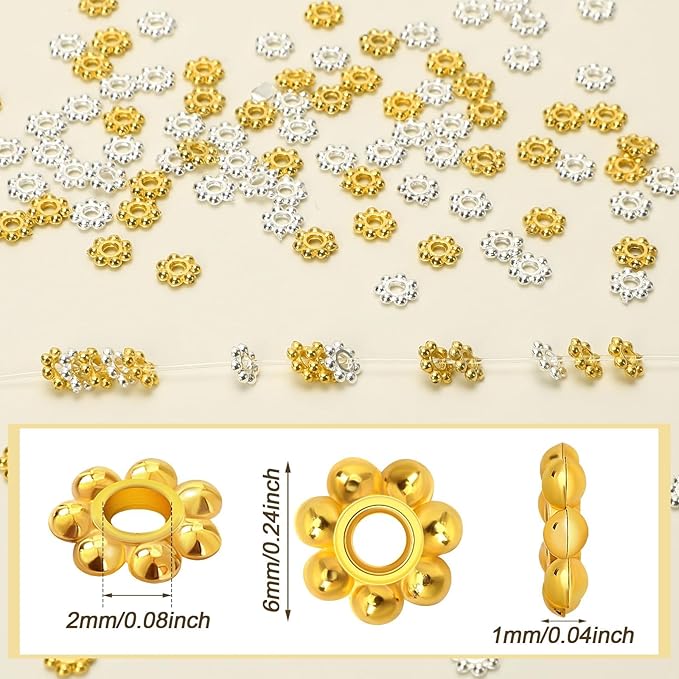 Augshy 700 Pcs Silver and Gold Daisy Flower Spacer Beads for Jewelry Making, Crafts, Hair Beads, Friendship Bracelets, Birthday Party Decorations