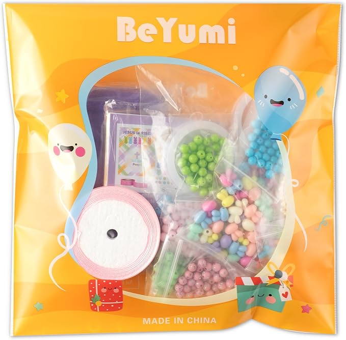 BeYumi Easter Bracelet Craft Kit - 24Pcs Pack Easter Christian Bunny Cross Beads Bracelets with Jesus Is Risen Gift Cards DIY Religious Faith Peeps Craft Kit Party School Classroom Fun Activities Kids