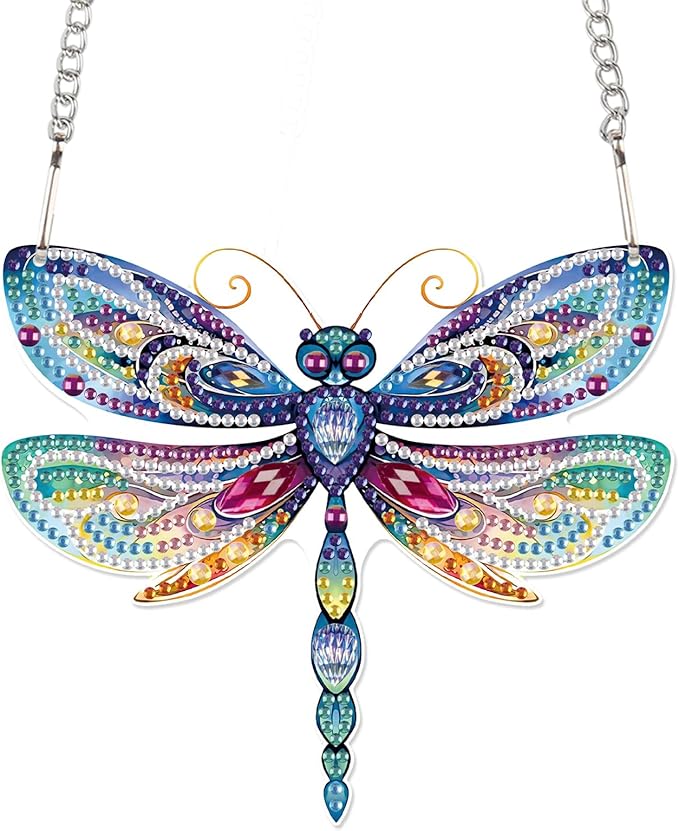 AiYuanzsh Animal Dragonfly Diamond Painting Kit Ornament with Hanging Chain DIY Diamond Art Acrylic Crystal Hanging Pendant Paint by Number Stained Glass Wall Art for Adults Home Wall Decor Gift