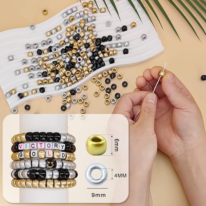 MIIIM 600PCS 6x9mm Pony Beads Bulk, Silver and Gold Pony Beads for Bracelets Making Kit, Kandi Beads, Hair Beads for Braids, Craft Beads for Jewelry Making (Gold)