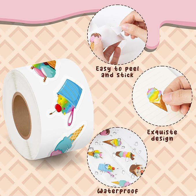 beyumi summer ice cream stickers - 1000pcs ice cream stickers in 2 rolls waterproof vinyl sweets themed cute dessert decals for gift laptop bottle scrapbooking luggage computer envelope decor for kids