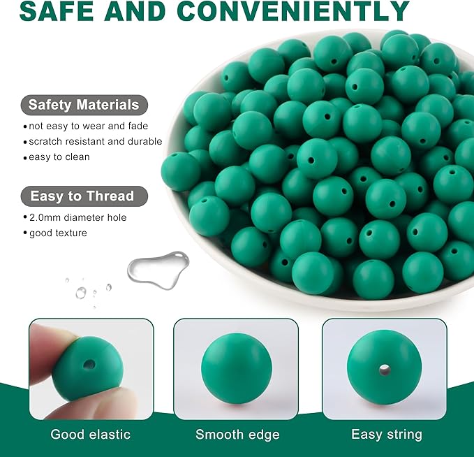 Silicone Beads, 150Pcs 15mm Round, Bulk for Keychain Making, Bracelet Making, Necklace Making, Deep Green