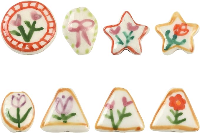 8Pcs Flower Porcelain Beads for DIY Jewelry Mixed Shapes Handmade Round Triangle Star Oval Floral Spacer Beads for Necklaces Bracelets Earrings Keychains Making and Crafting