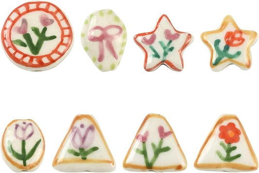 8Pcs Flower Porcelain Beads for DIY Jewelry Mixed Shapes Handmade Round Triangle Star Oval Floral Spacer Beads for Necklaces Bracelets Earrings Keychains Making and Crafting
