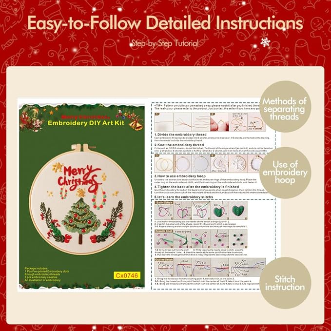 christmas embroidery kits: 1 pack cross stitch kit for beginners adults, diy ornaments craft kit with all tools & instructions, stamped hand embroidery starter kit for holiday crafts & xmas home decor