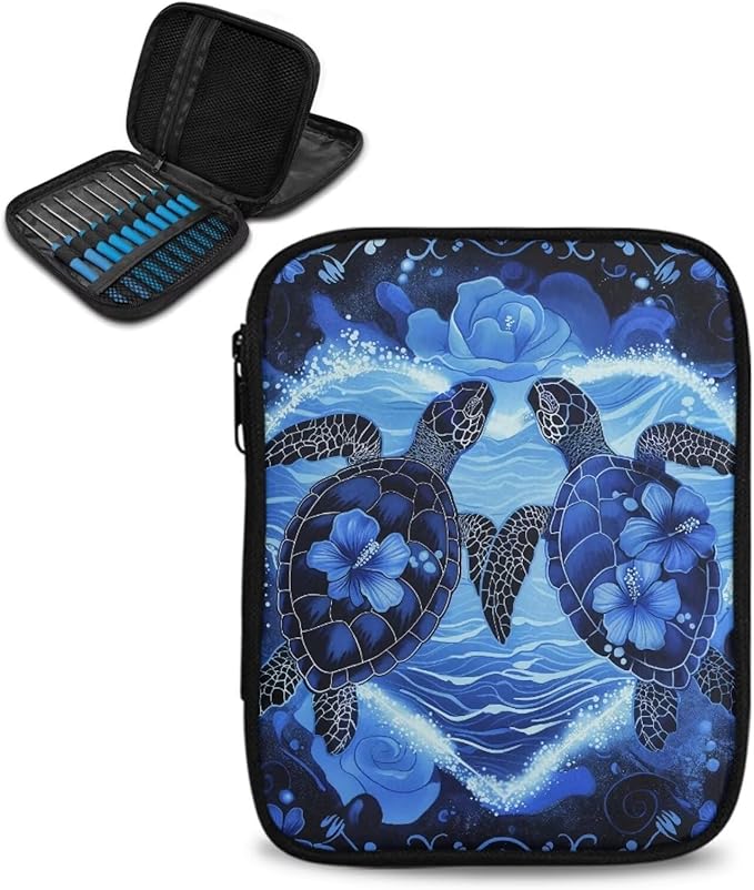 Hechitok Turtle Blue Crochet Hook Case, Organizer Zipper Bag with Web Pockets for Various Crochet Needles and Knitting Accessories, Well Made and Easy to Carry