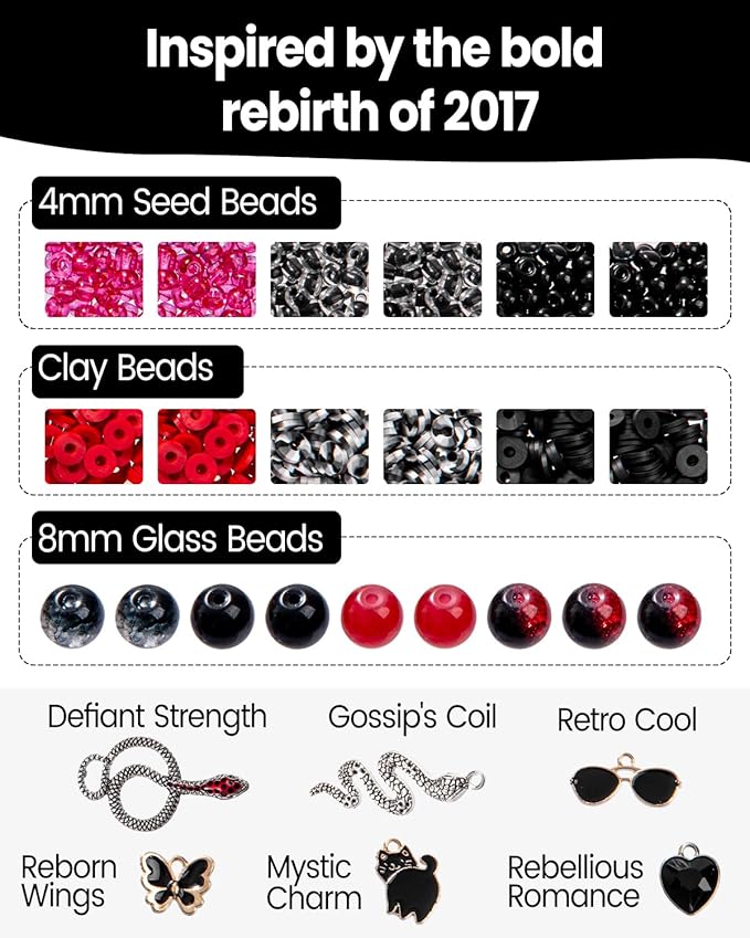 Goldwise REP Era Inspired Adult Jewelry Design Bead Set for Fans – 2 Storage Boxes with Black, White & Red Glass and Clay Beads, Snake & Cat Symbolic Charms