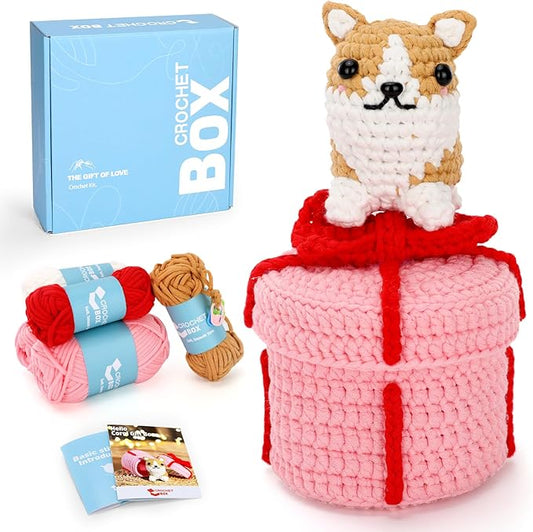 CrochetBox Crochet Kit for Beginners Adults - Corgi Dog Starters Crochet Kit, Beginners Crocheting Kitting for Adults Teen, DIY Craft Gifts with Crochets Yarns, Hook, Step-by-Step Video, Instruction