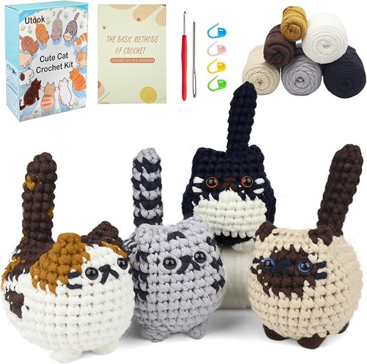 Utook Crochet Kit for Beginners, 4-Pack Crochet Animal Kit,Crochet Kits for Beginners Adults, with Instructional Videos and Paper tutorials, Handmade Crafts, Holiday Gifts (Cat Family)