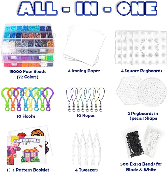 funzbo 15000+ 5mm fuse beads kit - 72 colors | 66 patterns, christmas arts and crafts for kids, art decorations for room, christmas toys gifts for girls, boys and teens age 5+ years old