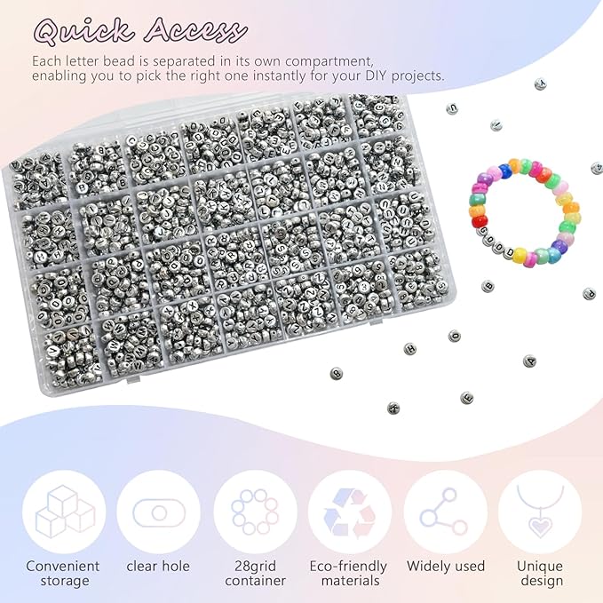 1400pcs Letter Beads Silver 7x4mm Black on Silver for Jewelry Making Bracelet Hair Braids Crafts