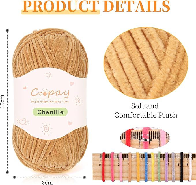 Coopay Skinny Chenille Yarn for Crocheting and Knitting, 12 Pack of 50g/1.76oz - 1764yd Total, Soft Velvet Yarn of Baby Weights - Suitable for Baby Blankets, Plush Toys - Super Soft (Brown Gradient)