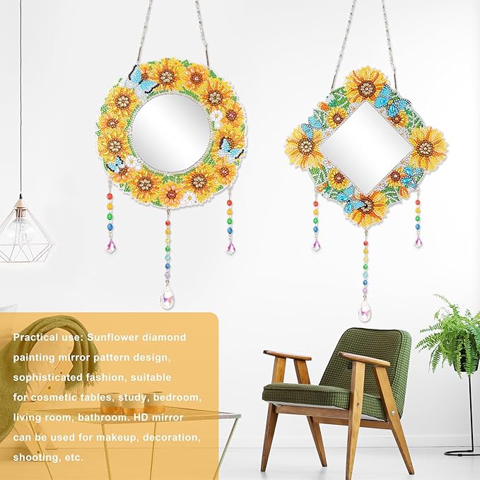 2Pcs Diamond Art Painting Mirror,Special Shaped Crystal DIY Diamond Suncatcher for Beginner Arts Crafts Gifts Home Decor Handmade Gift