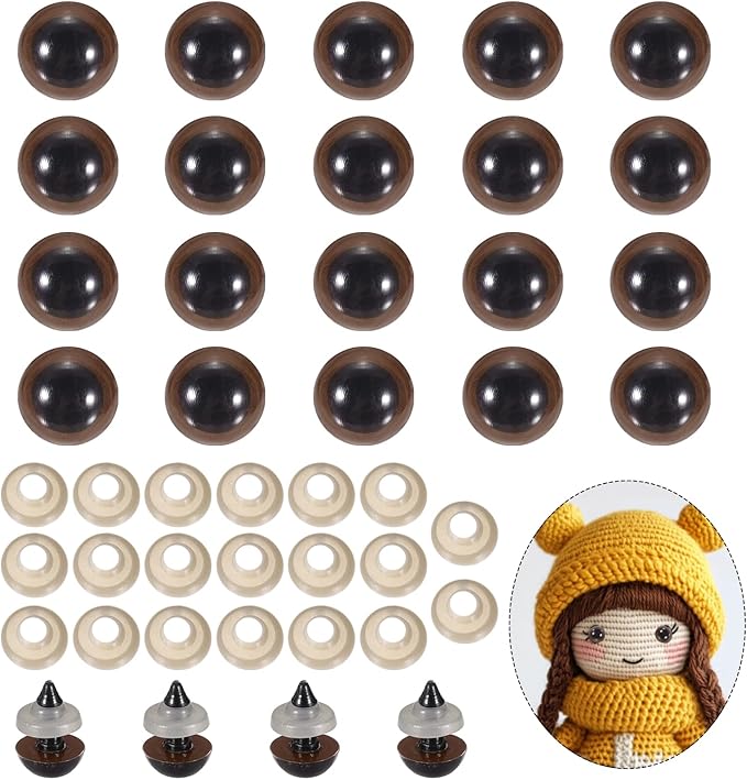 PATIKIL 12mm Safety Eyes, 20Pcs Realistic Doll Crocheting Safety Eyes with Washers for Decor Crochet Accessories Dolls Craft Halloween, Brown