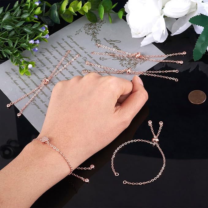 FASHEWELRY 10Pcs Adjustable Slider Bracelet Rose Gold Cable Bracelet Chains Slider Extender Chains with Cubic Zirconia Ends for Woman Jewelry Making, 7.87 Inch Long