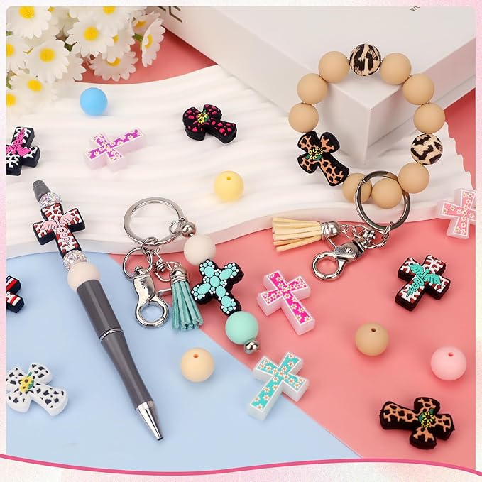 12pcs Cross Silicone Focal Beads, Focal Beads for Pens，Keychain Making, Bracelet, Necklace Crafts, Bulk for DIY（Cross）