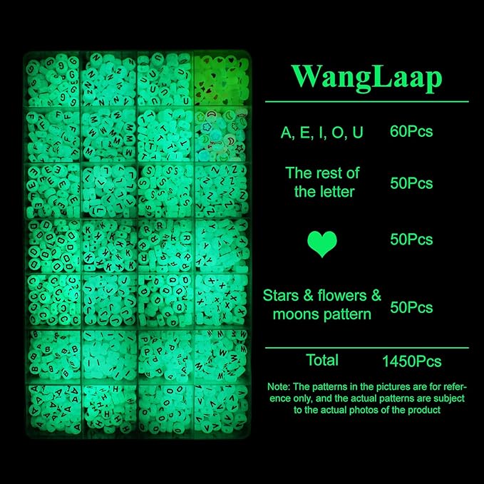 1450Pcs Glow in The Dark Acrylic 4x7mm Round Letter Beads (Extra for Vowel Letter) and Heart, Moon, and Star Beads for Bracelets Necklaces Jewelry Making (Glow in The Dark, 4x7mm)