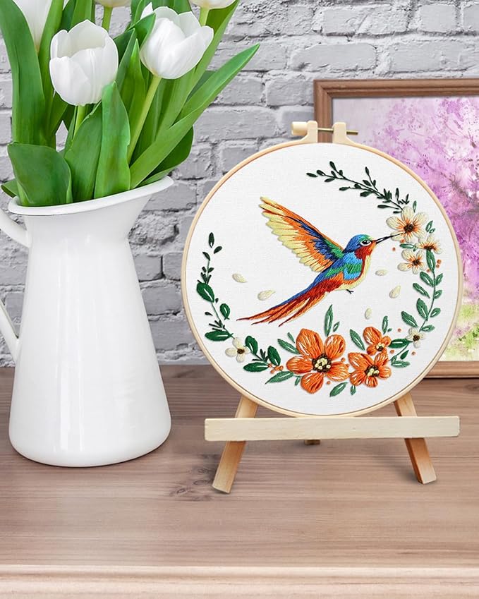 ERKOON Embroidery Kit for Beginners, Hummingbird and Flower Cross Stitch Set for Include Embroidery Cloth Hoops Threads for Craft Lover Hand Stitch (Colorful Hummingbird)