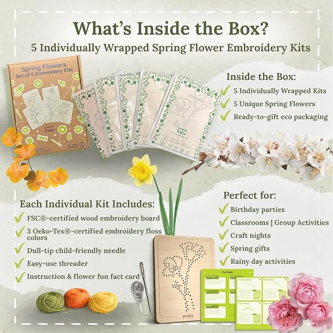 Wooden Flower Lacing Embroidery Kits for Beginners, Set of 5 Learn-to-Stitch Craft Boards, Sewing & Embroidery Art Kits for Kids Ages 8+, DIY Craft Projects, Educational Gifts, Party Favors (Spring)