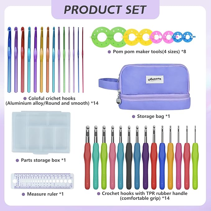Artcome 124 pcs Crochet Kit for Adults and Kids, 14 Sizes Ergonomic Crochet Hooks with a Comfortable Grip for Beginners and Experienced Crocheters, Ideal for Creating Beautiful Projects