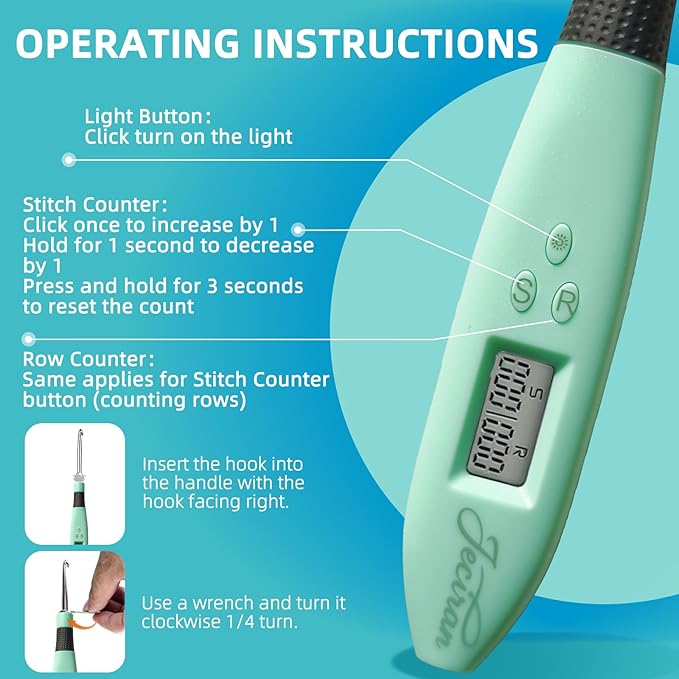 Jeciran 24 in 1 Light Up Crochet Hook Set,Lighted Crochet Hooks with Counter,Counting Crochet Hook for Stitch & Row Counter Micro Crochet Gifts with Case