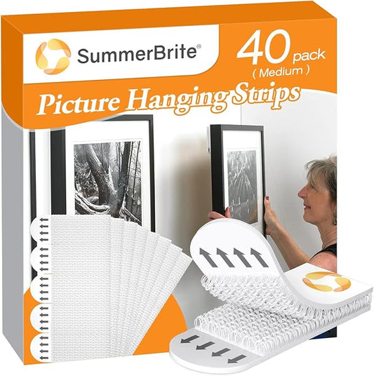 Picture Hanging Strips 40 Strips, Damage Free Removal, Wall Poster Picture Hangers Without Nails, Sticky Hook & Loop Adhesive Strips for Poster/Picture/Home/Office, 20 Pairs/Medium, White