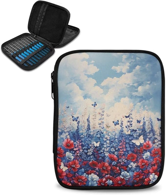 Hechitok Red Blue Flower Crochet Hook Case Organizer Stand Up Holder for Knitting Supplies