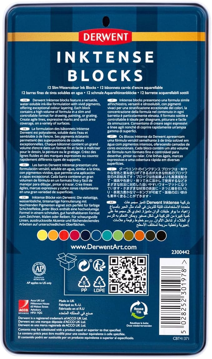 Derwent Inktense Blocks 12 Tin, Set of 12, 8mm Block, Soft Texture, Watersoluble, Ideal for Watercolor, Drawing, Coloring, Crafts and Painting on Paper and Fabric, Professional Quality (2300442)