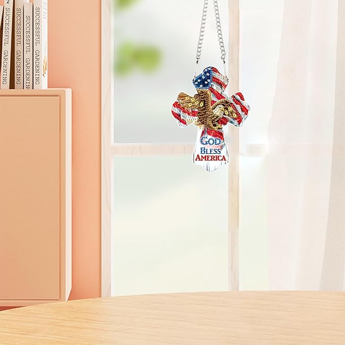 God Bless America Diamond Painting Hanging Ornament - Patriotic Cross with Eagle & American Flag - DIY 5D Diamond Art Kit with Chain - Independence Day Home Decor - Handmade Beaded Sun Catcher Gift