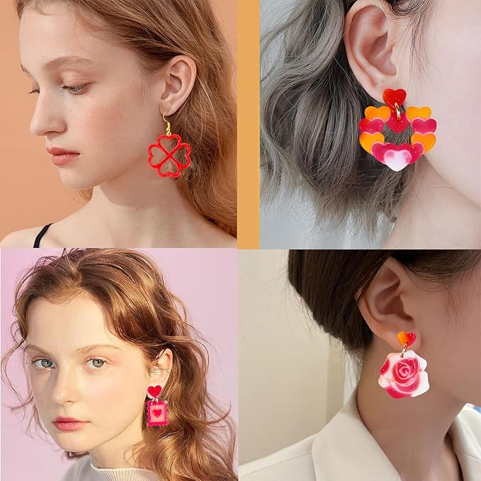 4 Pack Heart Resin Earring Molds Love Heart Flower Shape Earring Silicone Molds for Mother's Day Epoxy Casting UV Resin Molds with 200 Earring Hook kit for DIY Crafts Jewelry Making Keychains Pendant