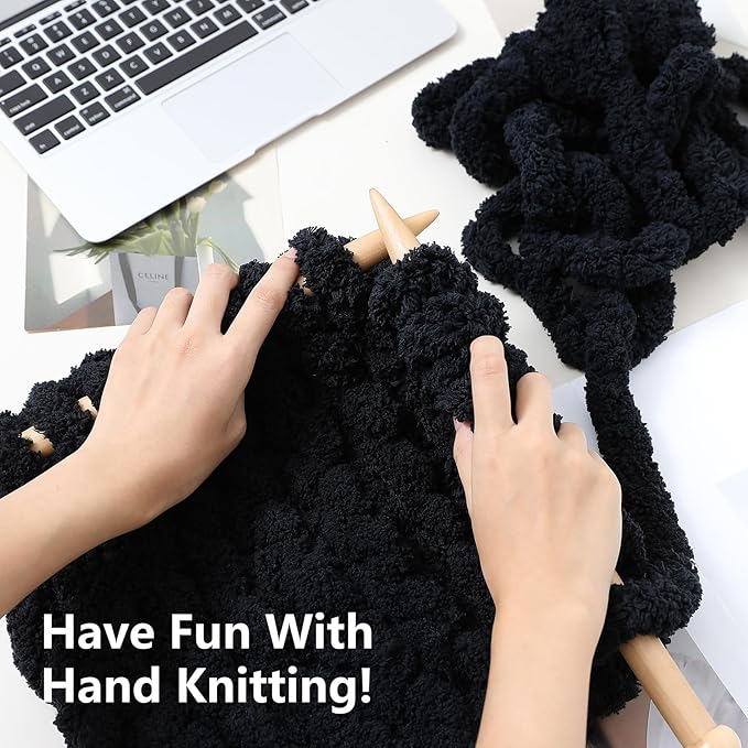 Chunky Yarn for Hand Knitting - #10 Chunky Chenille Yarn, Jumbo Big Thick Chunky Yarns for Crocheting, Super Bulky Chunky Knit Blanket Yarns, 8 Skein (25 yds 8 oz Each Skein), Black