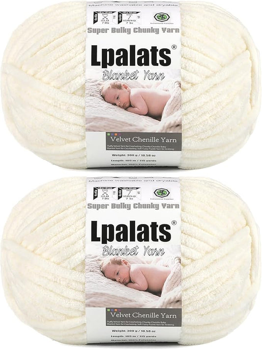 Baby Blanket Yarn for Crocheting - 2 Pack of 300g (Total 600g/21.2oz) Super Fluffy Chunky Chenille Yarn for Hand Knitting, 230 yds Super Bulky Plush Yarn for Blankets and Amigurumi (2, Milk White)