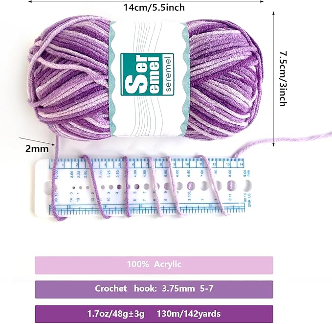 2 Pcs 2*48g/2*142yards Rainbow Crochet/Knitting Yarn, Multicolor Variegated 100% Acrylic, Soft Yarn for Crocheting Blanket and Handicraft Projects (Purple White)